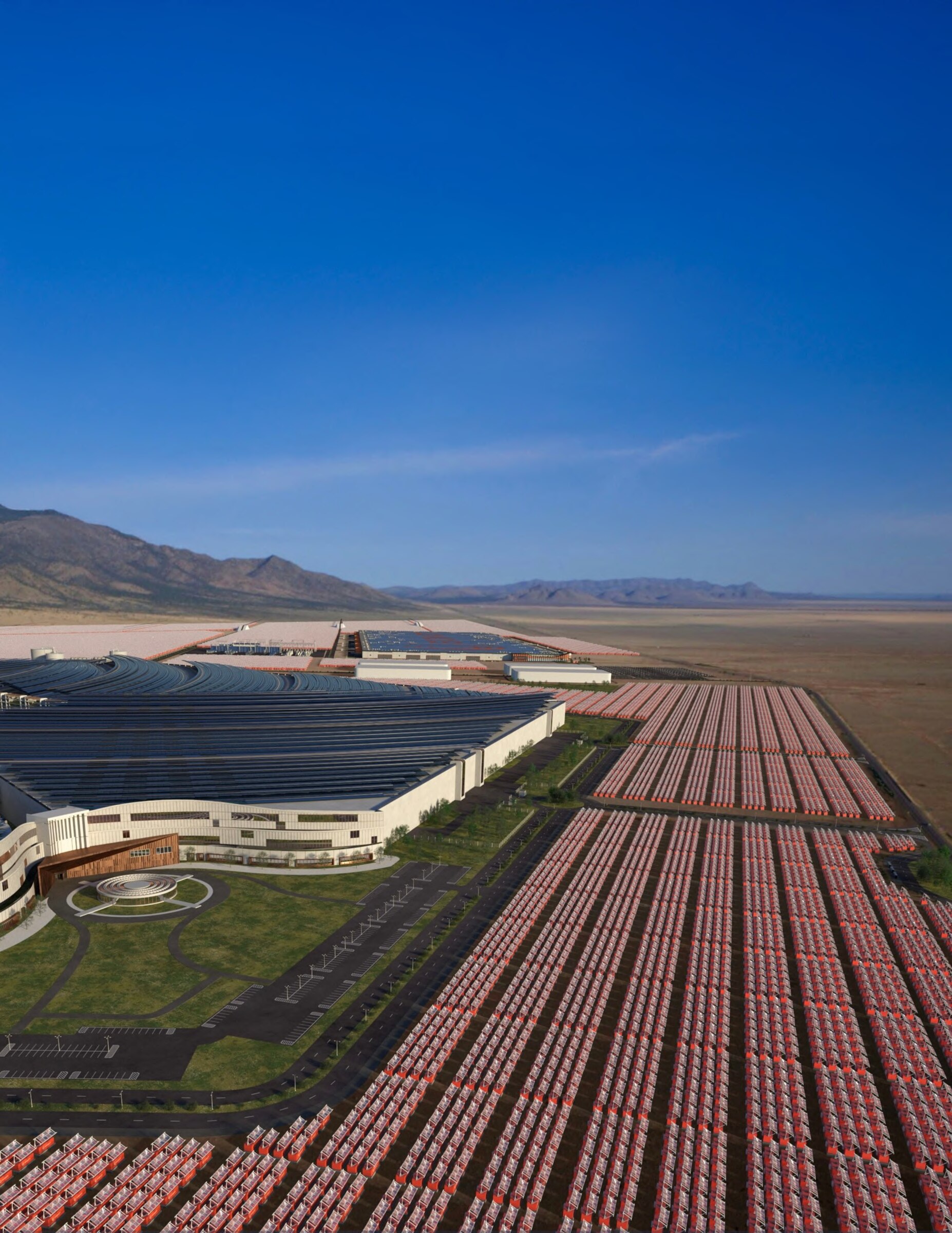 Aerial rendering of a data center campus powered by Exowatt module fields