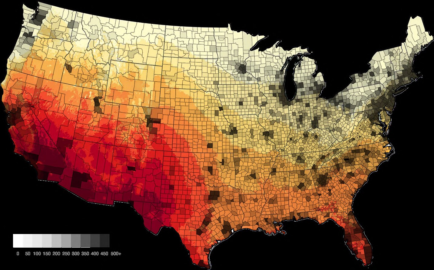 US map of solar irradiance and population density