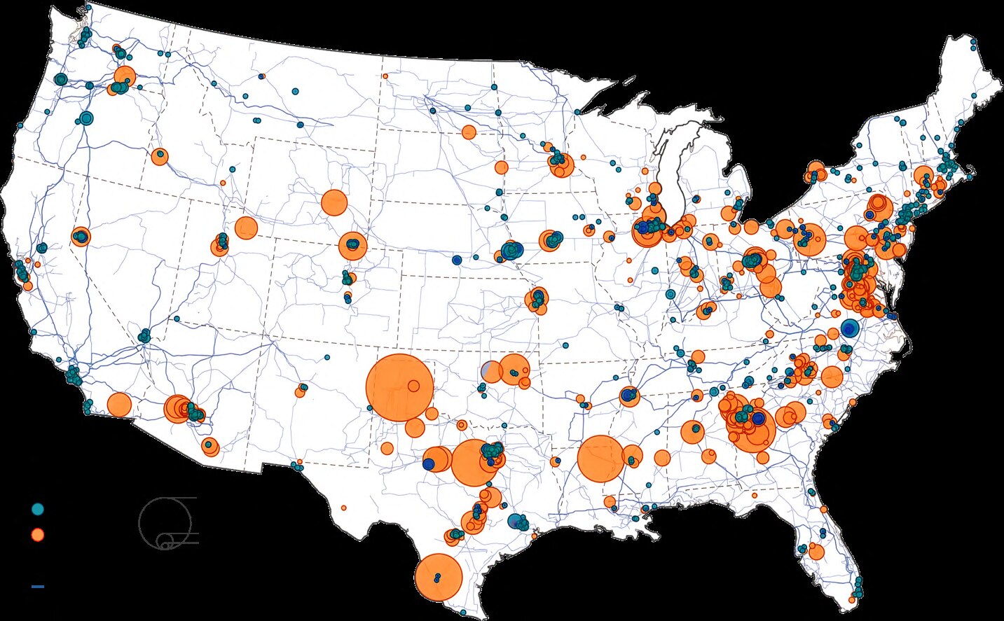 US map of operating and planned data center capacity and transmission lines